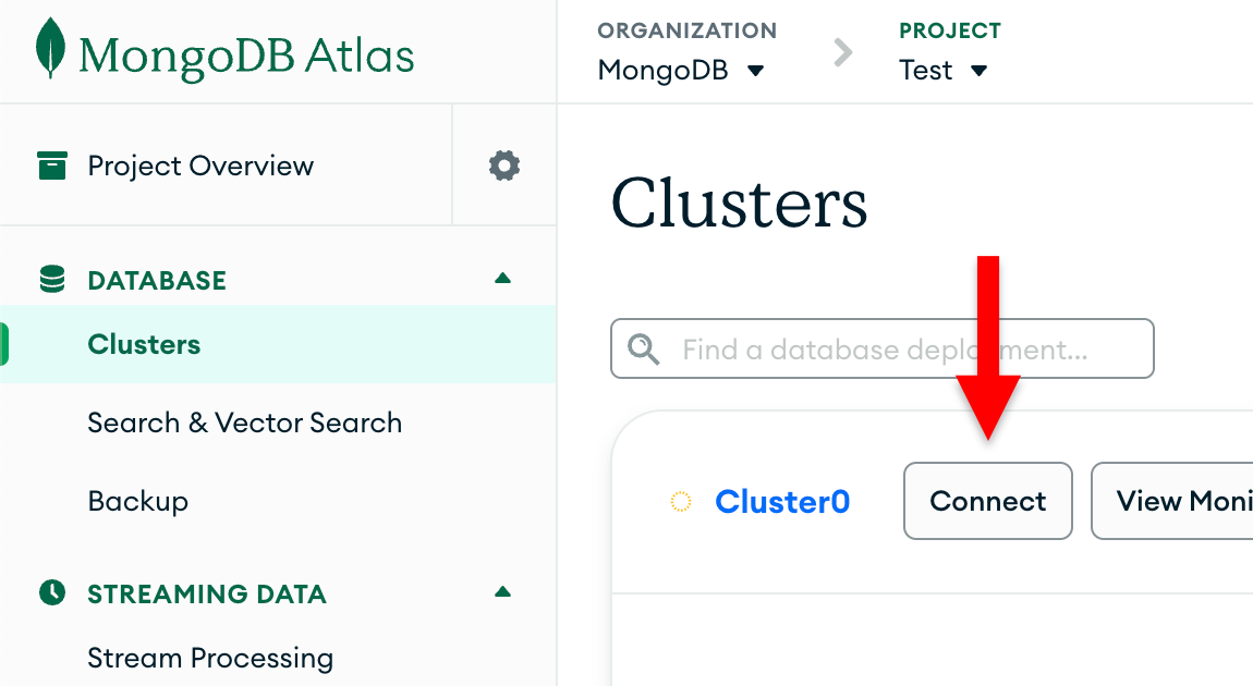 The connect button in the clusters section of the Atlas UI