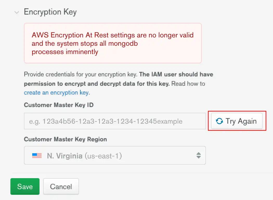 El botón para Volver a intentar está a la derecha del campo de ID de Llave maestra de cliente en la configuración de Seguridad Avanzada de Atlas.