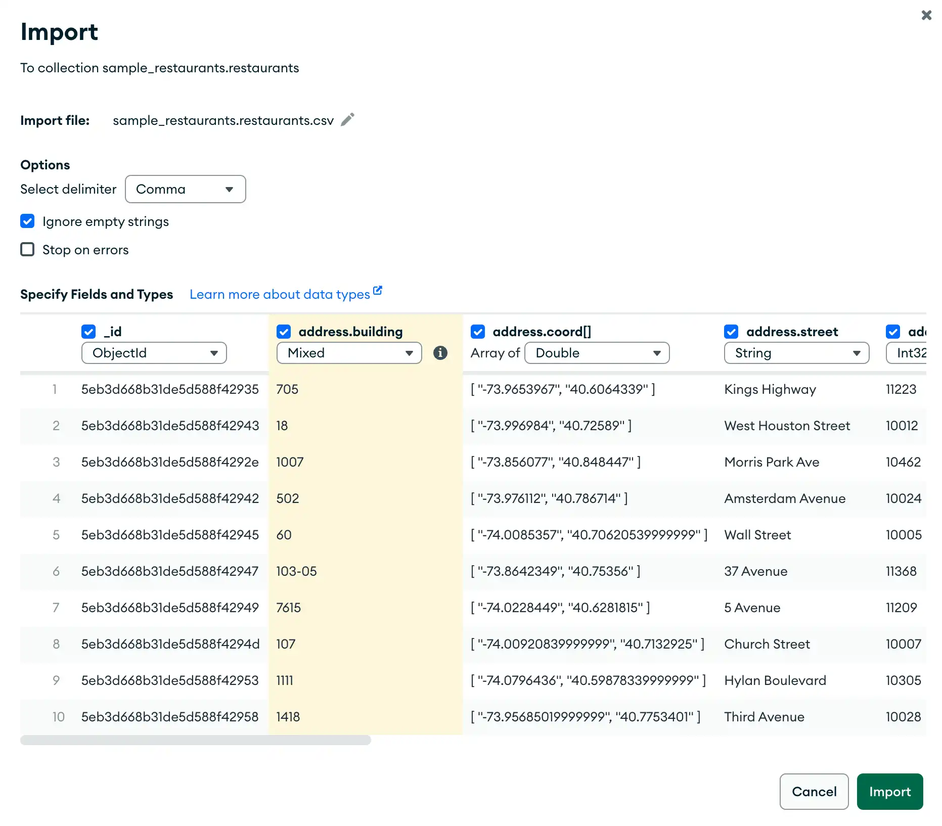 Imagen de importación de MongoDB Compass