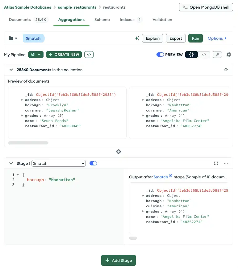 Imagen de la canalización de agregación de MongoDB Compass