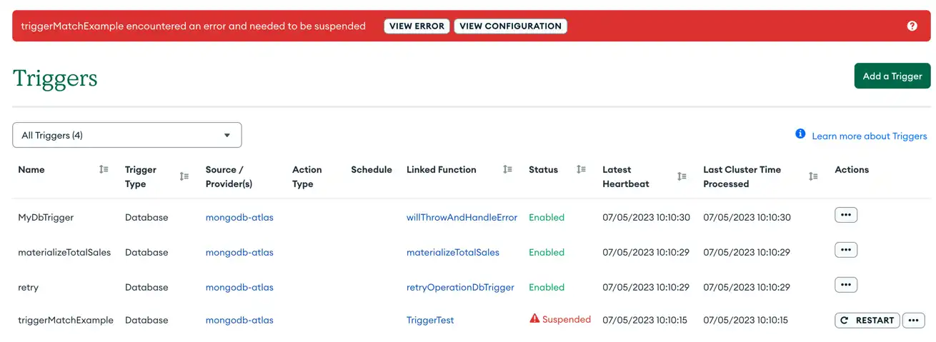 App Services UI のアプリ内の Triggers のリスト