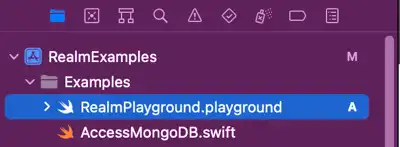 Xcode プロジェクト ナビゲータにある RealmPlayground.Playground という名前のファイルのスクリーンショット