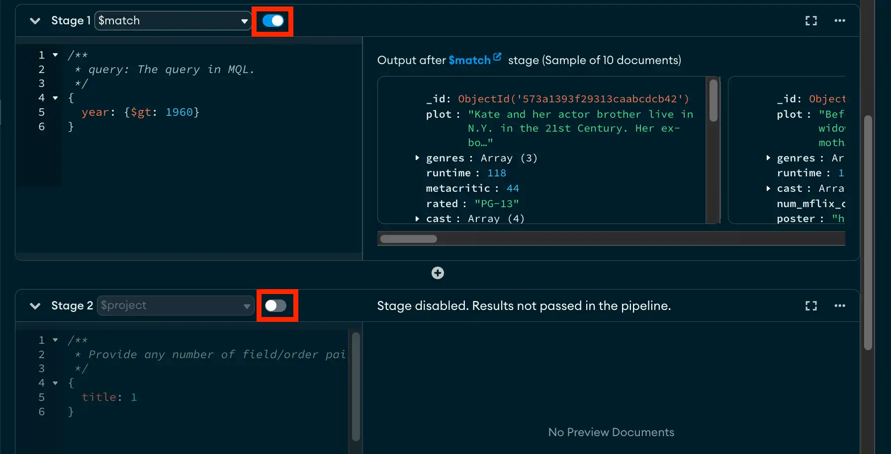 Aggregation Builder の除外ステージの例