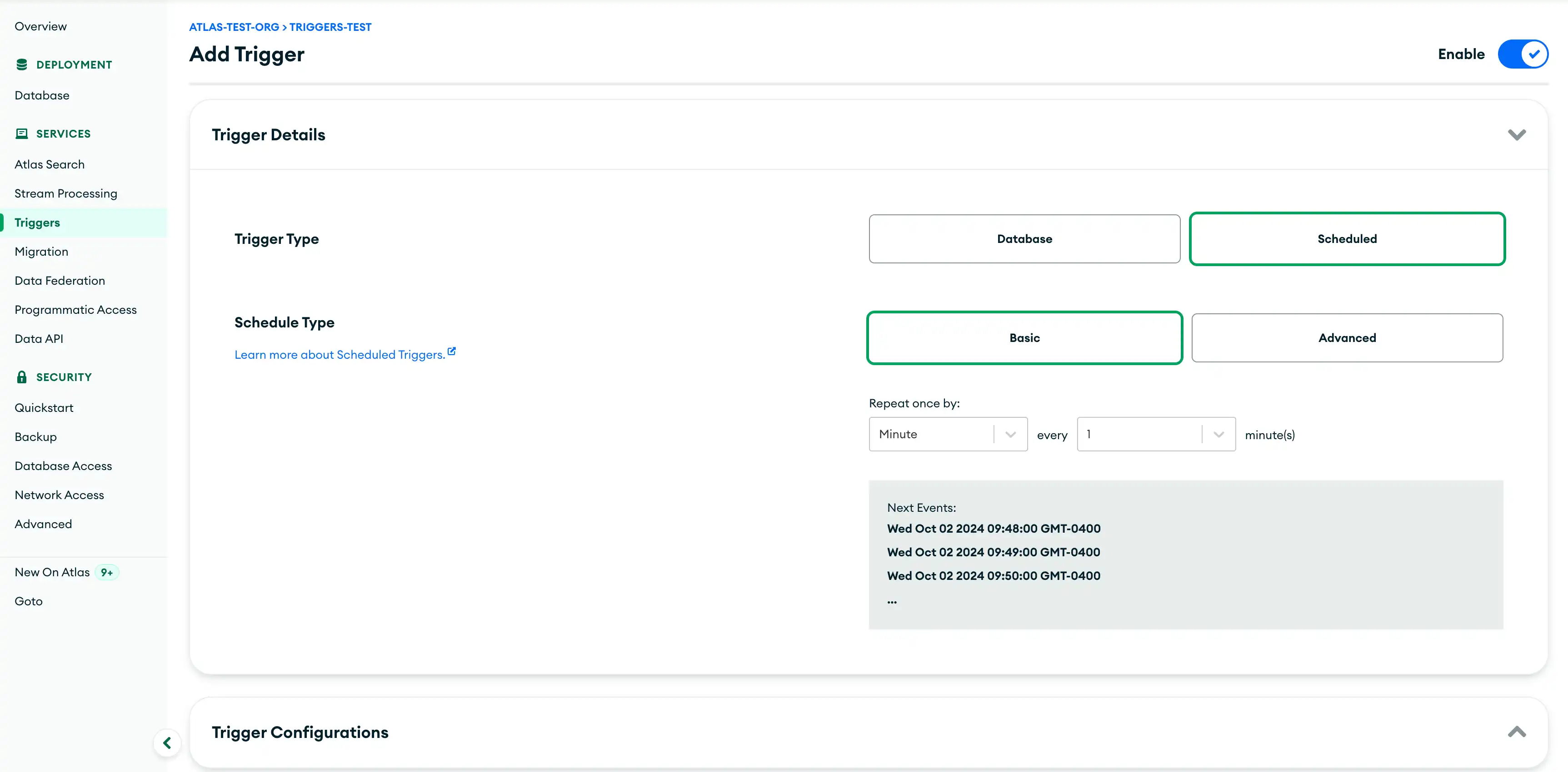 トリガーを構成する UI の例