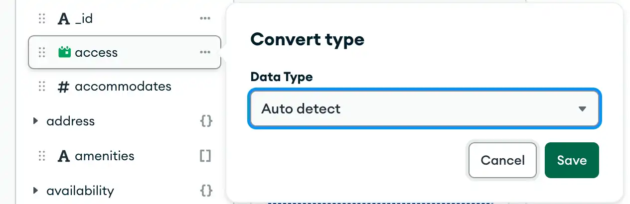 string に変換されたフィールドには、その新しいステータスを示す緑色の「A」記号が表示されます。