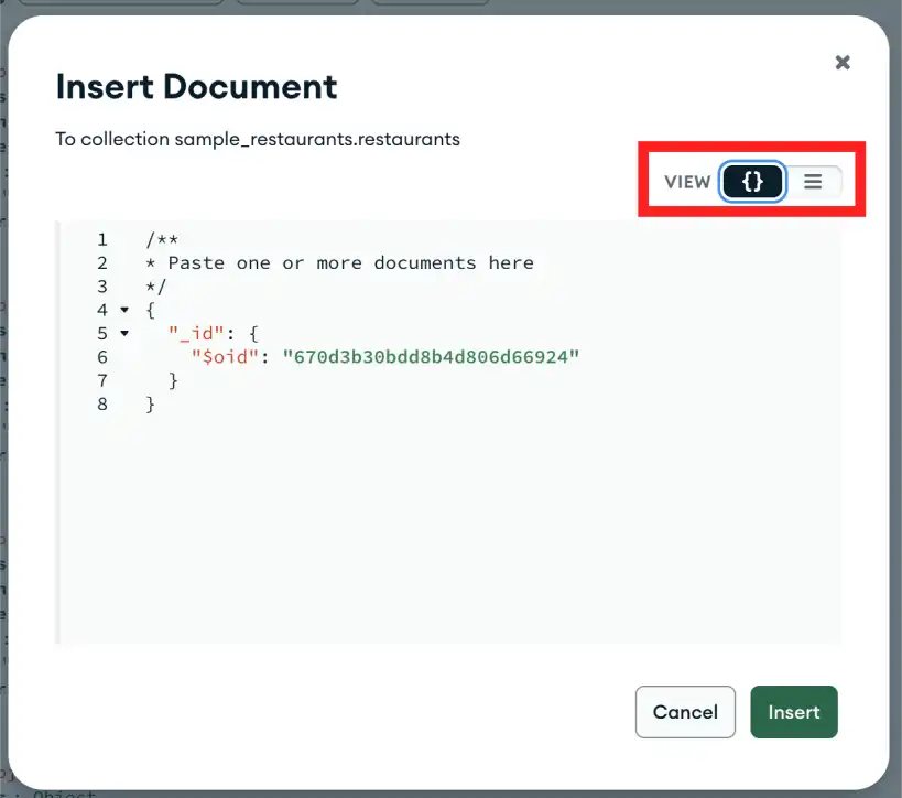 JSON ビューにおけるドキュメントの挿入