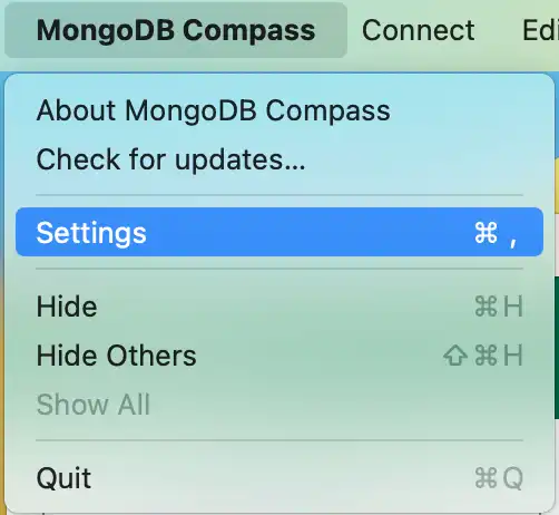 MongoDB Compass システム メニューの下の設定パネルの場所