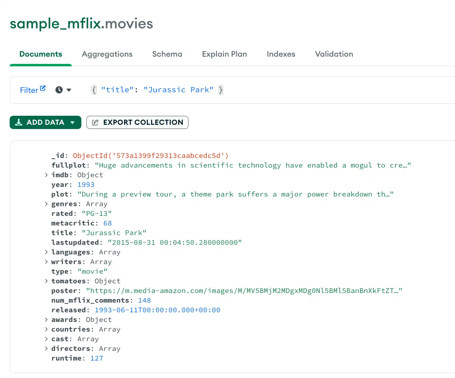 MongoDB Compass コレクション クエリのイメージ