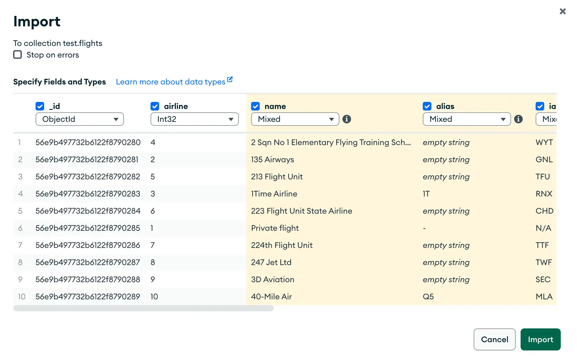 CSV ファイルからインポートするフィールドの選択