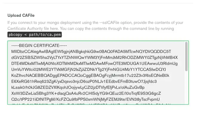 CAFile テキスト ボックスに貼り付けられた SSL 証明書を表示します。