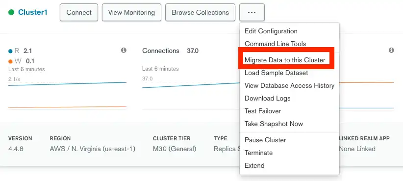 この図は、Atlas のクラスター カード上の [ このクラスターへのデータの移行 ] オプションを強調表示します。