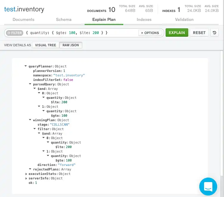 インデックス クエリプランを含まない Compass の未加工 JSON