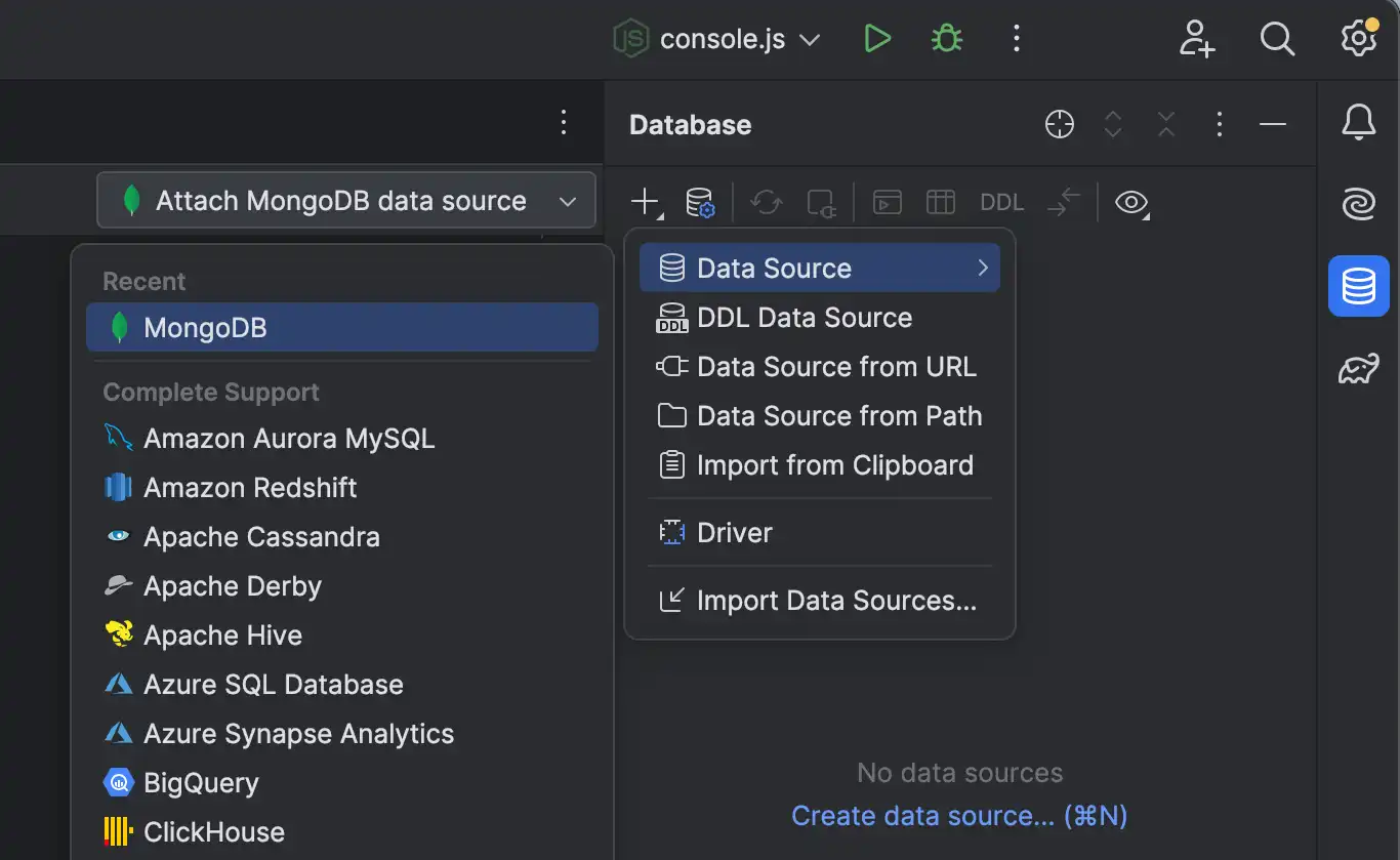 [+] ボタンをクリックし、[] > [データソース] > [ MongoDB] をクリックします。