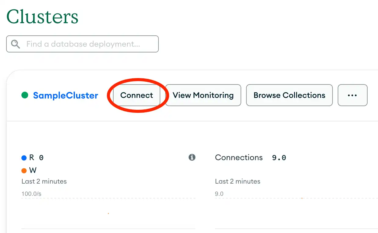 The connect button in the clusters section of the Atlas UI