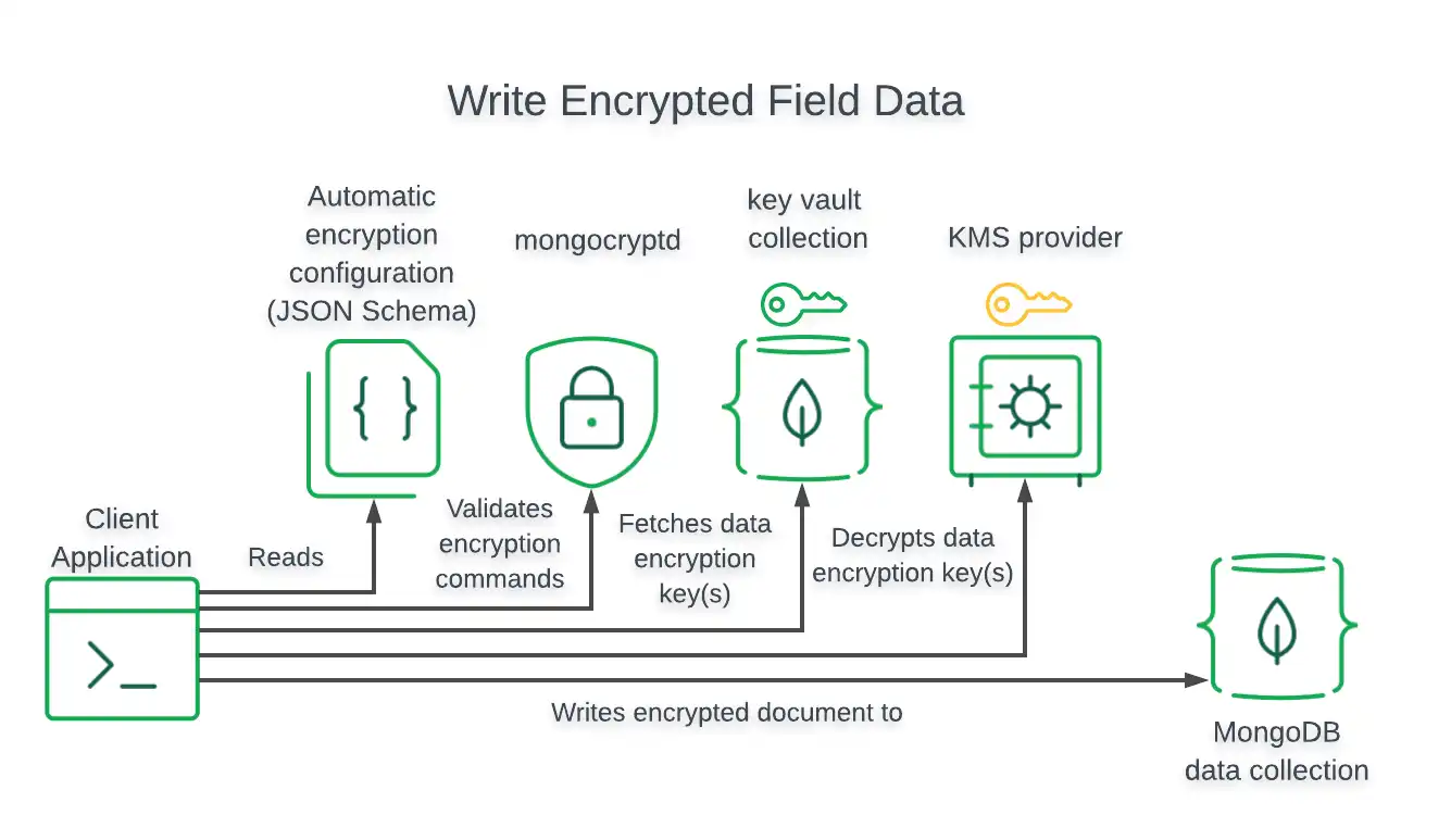 フィールドレベルの暗号化されたデータの書込みに関するデータフローを示す図