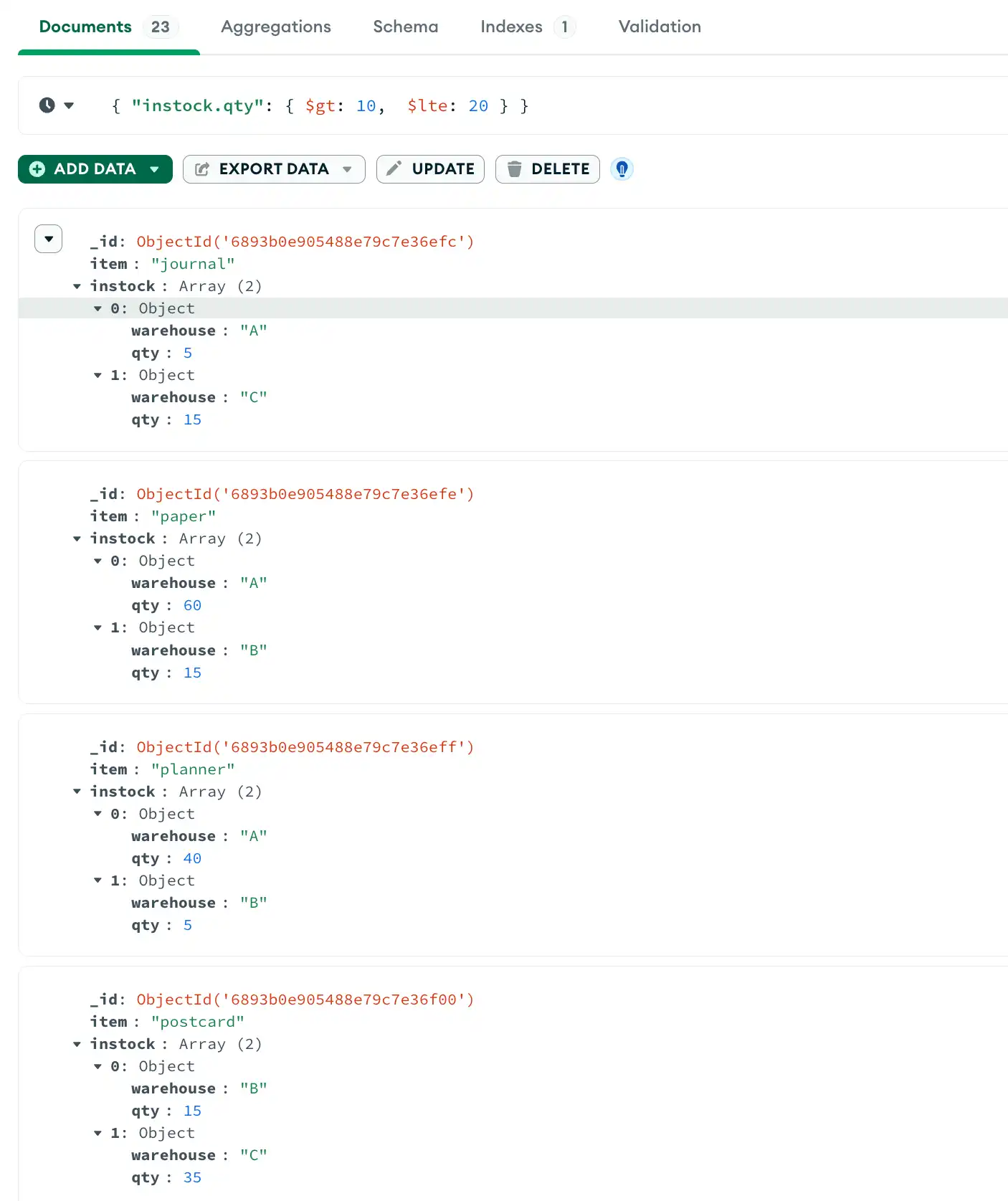 範囲内の数量値を照会するクエリ