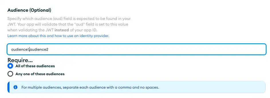 여러 대상이 있는 사용자 지정 JSON web token 대상 구성 입력