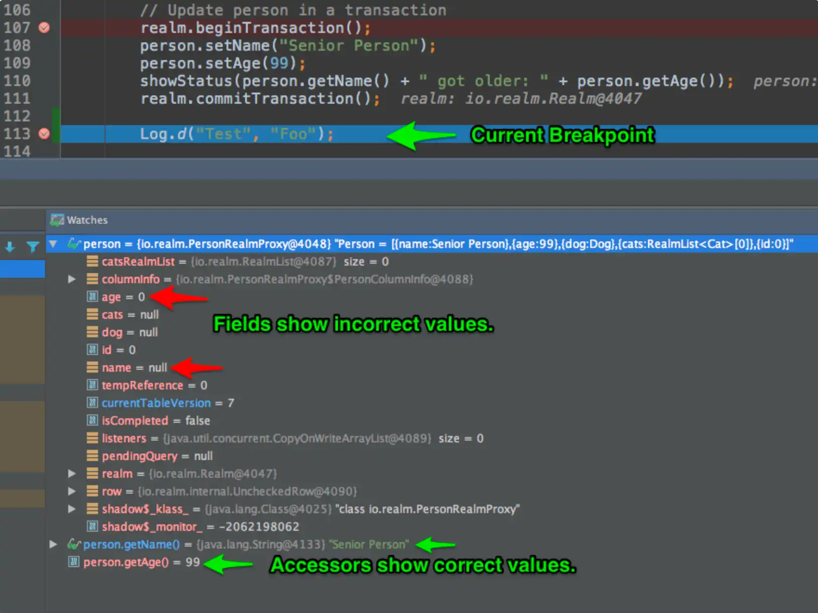 Android Studio 디버거를 사용할 때 접근자는 올바른 필드 값을 표시하고 필드는 오래된 정보를 표시합니다.