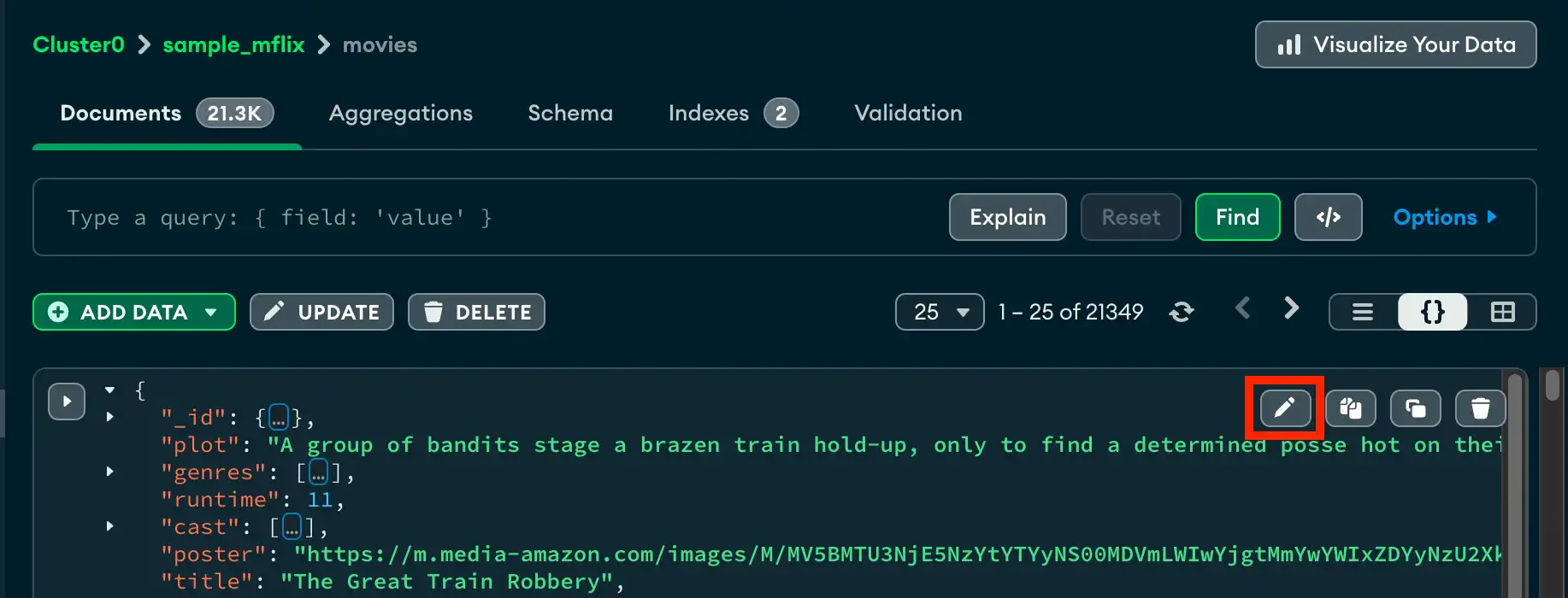 JSON 뷰에서 문서 편집 선택