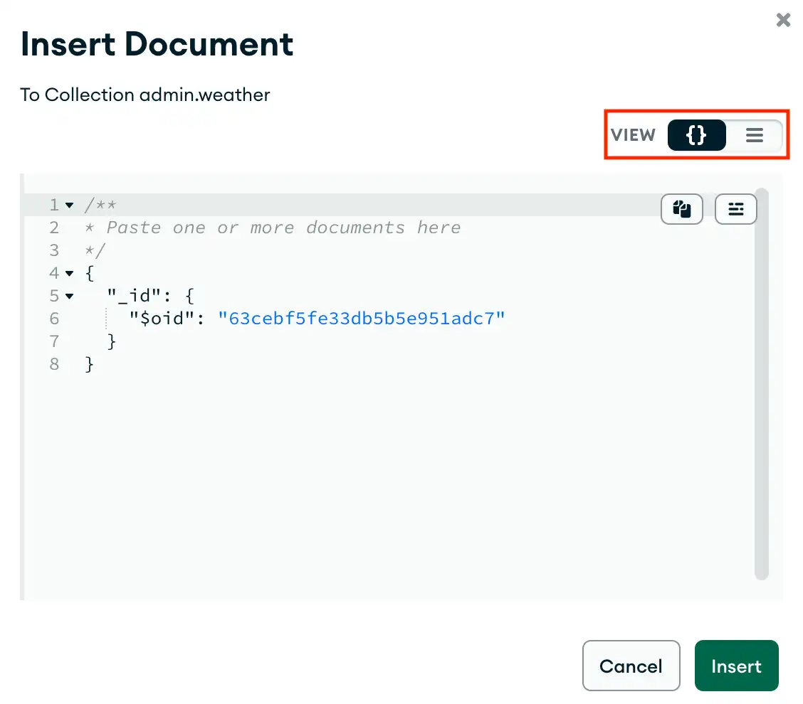 JSON 보기에서 문서 삽입