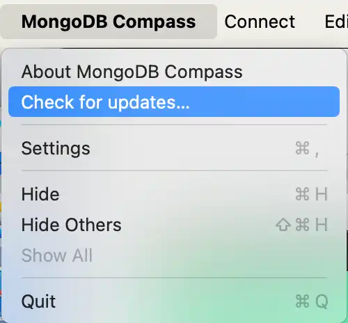 MongoDB Compass 시스템 메뉴 아래의 업데이트 위치 확인