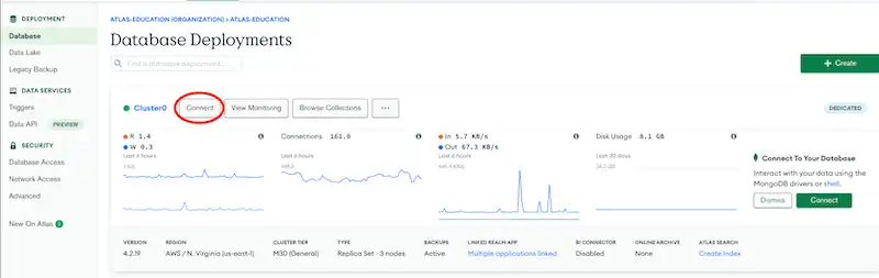 Atlas UI의 클러스터 섹션에 있는 연결 버튼