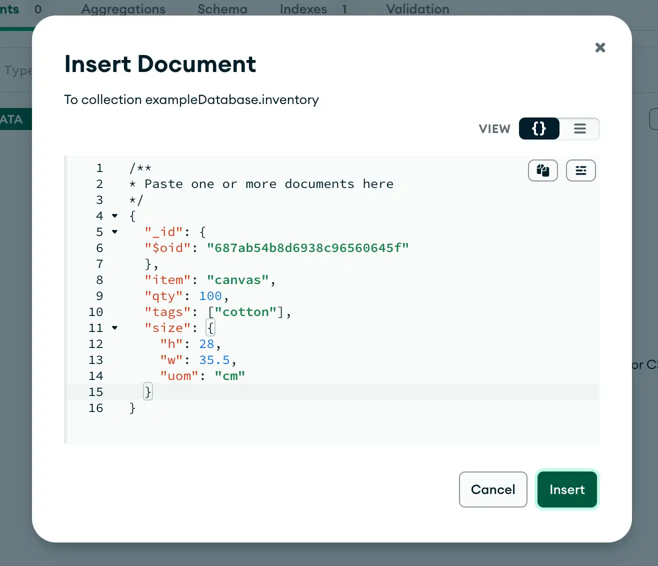 Compass에서 컬렉션에 새 문서 삽입