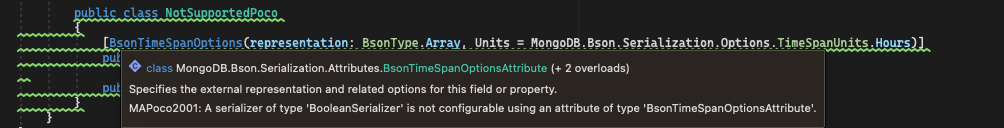 지원되지 않는 POCO에서 Visual Studio에 표시되는 경고 스크린샷입니다.