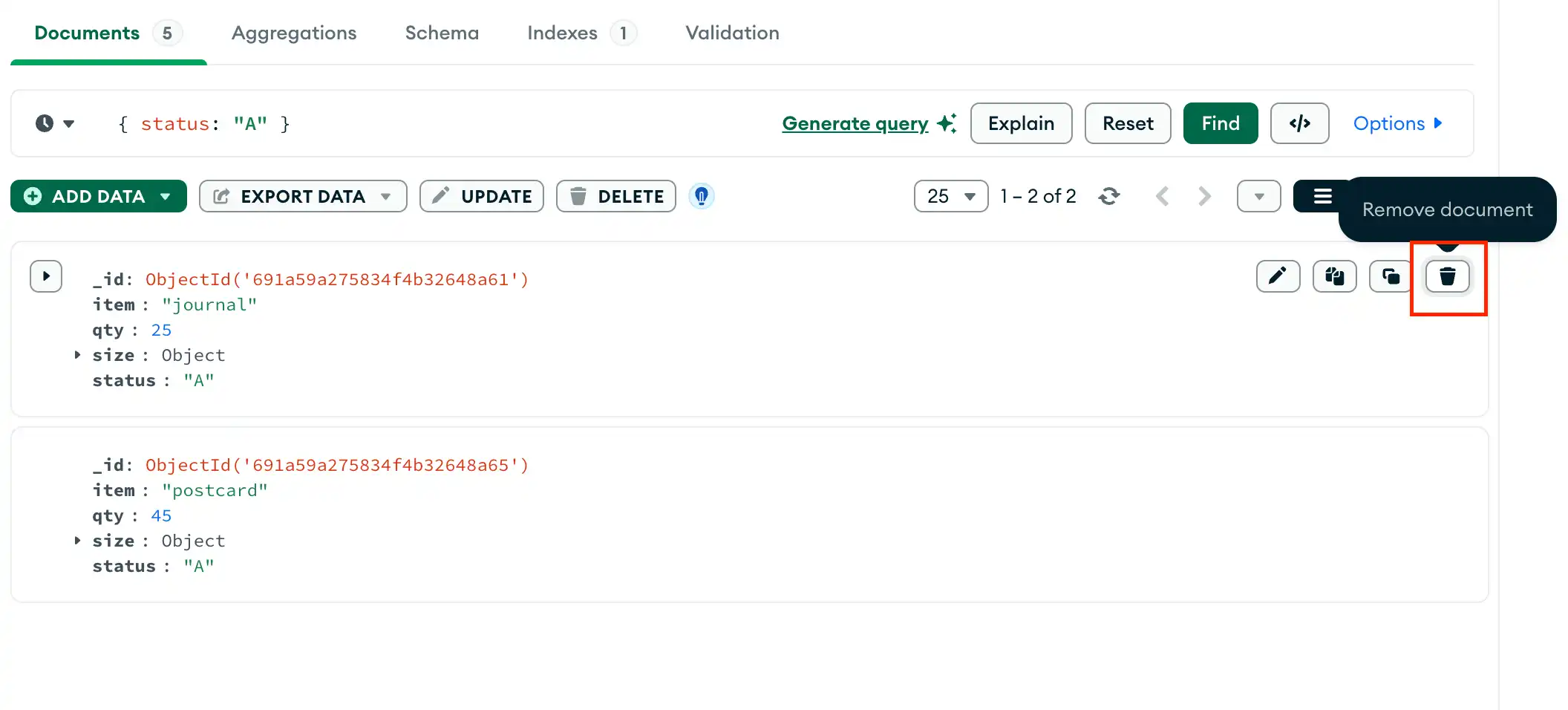 MongoDB Compass 필터와 일치하는 하나의 문서 삭제