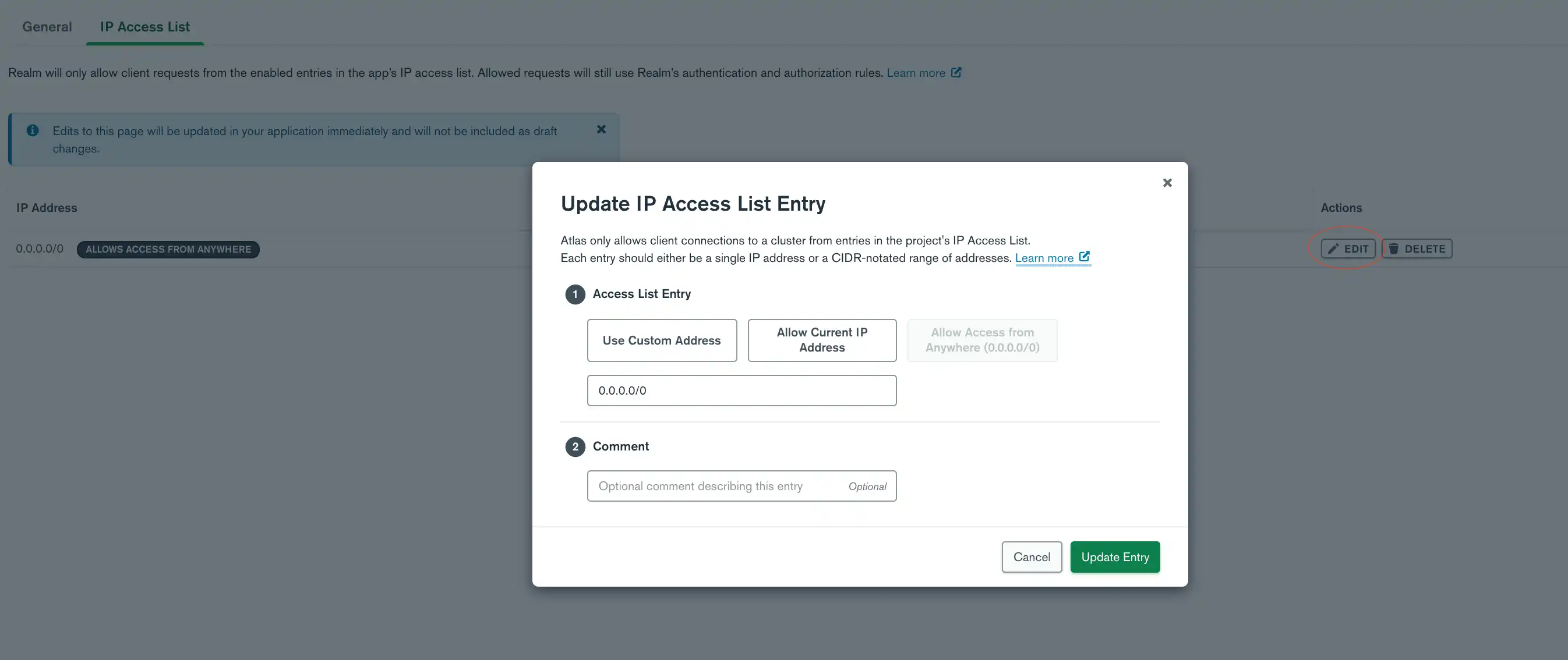 Editar entrada da lista de acesso IP - modal