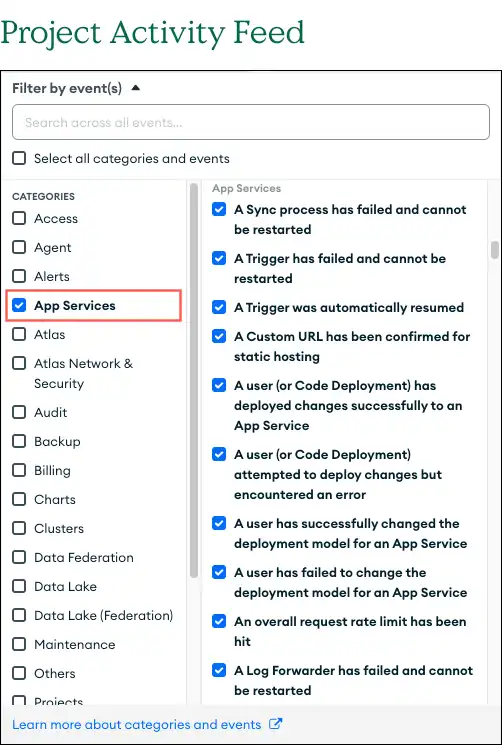 Filtrar as atividades do App Services na UI do Atlas