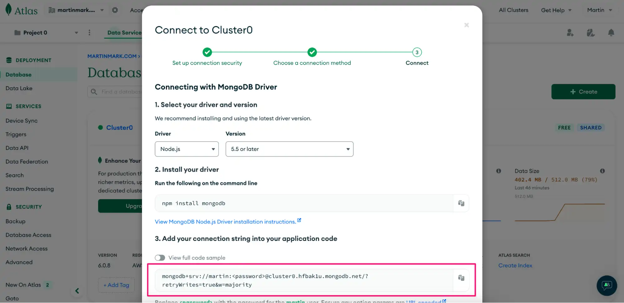 Obtenha a connection string do Atlas cluster.