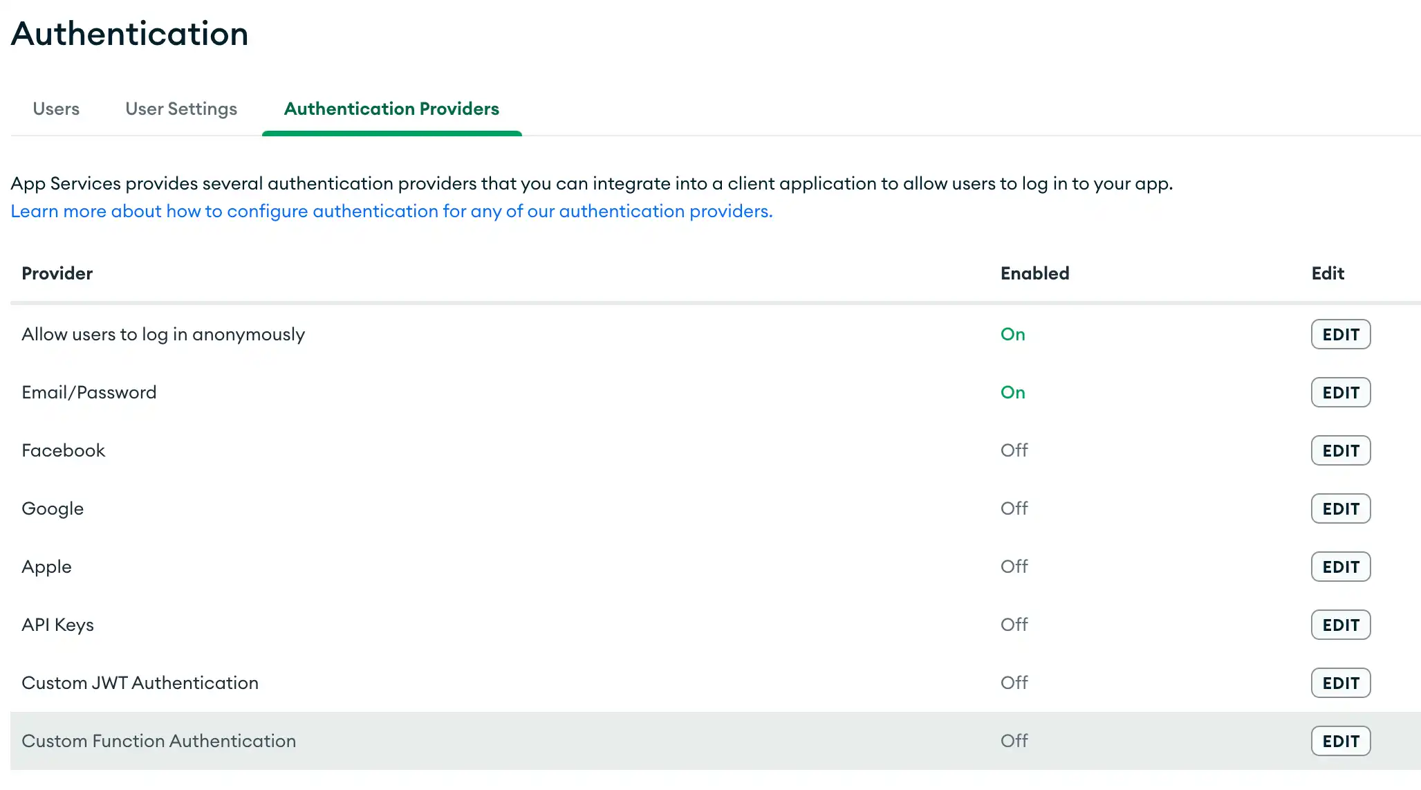 A lista de fornecedores de autenticação na interface do usuário do App Services com o fornecedor de função personalizada destacado.