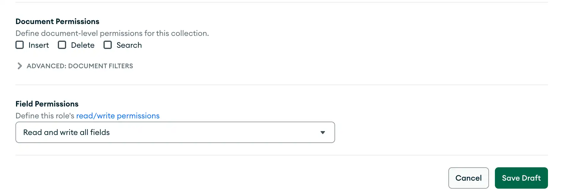 Uma função que não tem permissão para inserir novos documentos