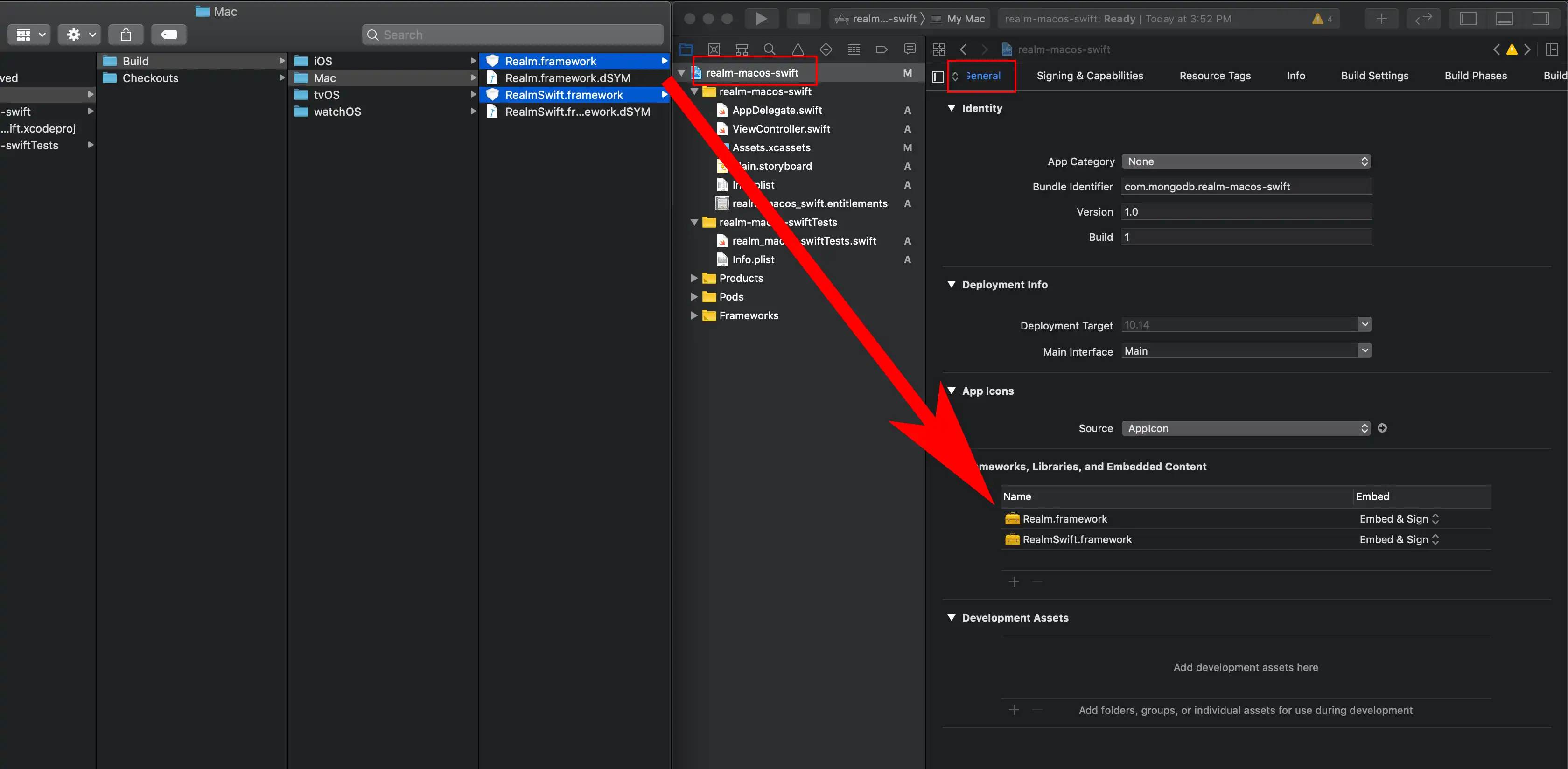 Arraste os arquivos xcframework para o projeto Xcode.