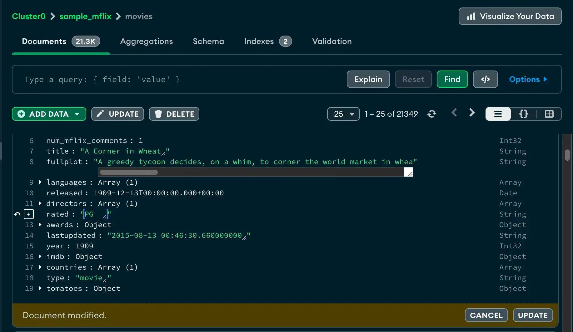 Exibição de atualização de documento