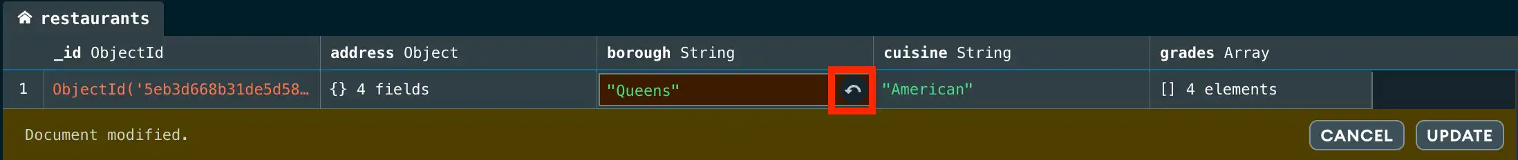 Alterações de reversão de documentos na exibição em tabela