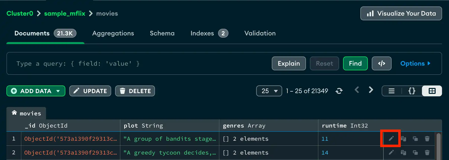 Seleção de edição de documento na exibição Table
