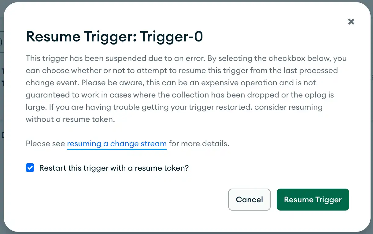 O modal de trigger de banco de dados de dados de retomada na UI