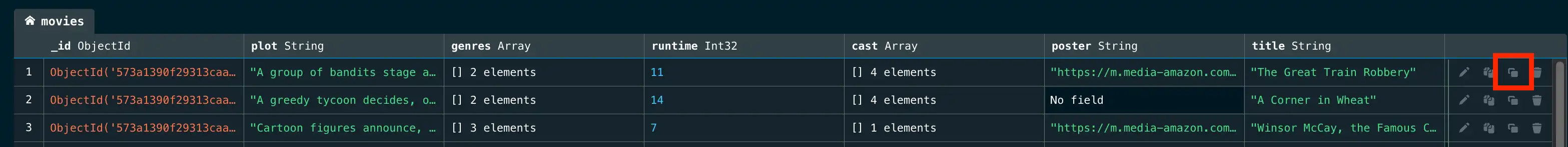 Visualização da tabela do botão Clonar