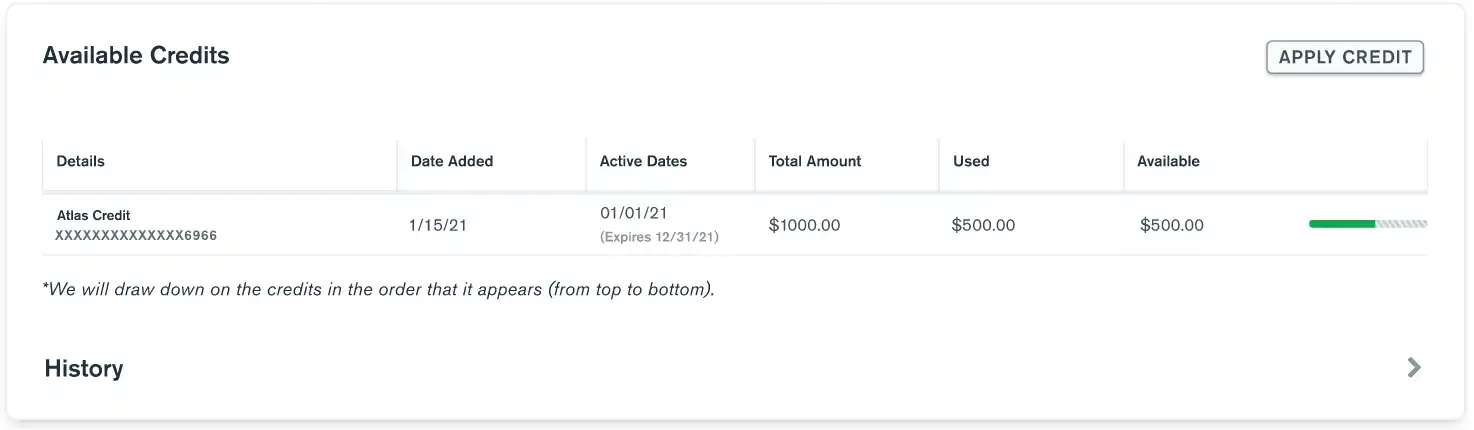 Você pode visualizar as informações do seu compromisso mensal na tabela Créditos Disponíveis.