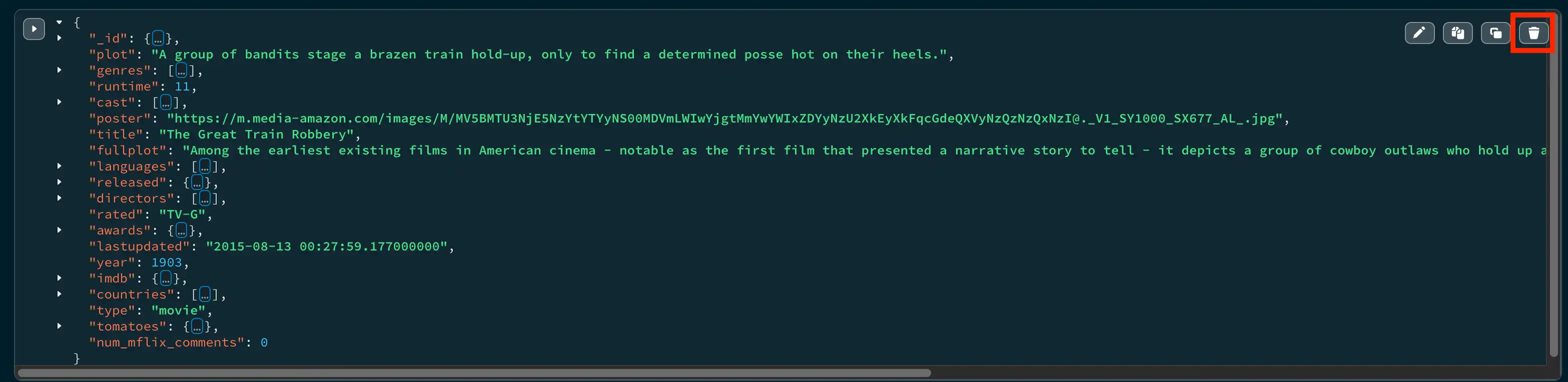 Excluir botão na exibição JSON
