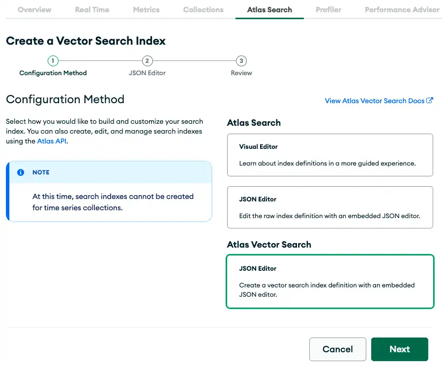 Captura de tela da criação do índice do Atlas Vector Search