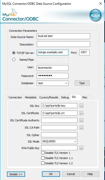 Captura de tela da tela de configuração DSN