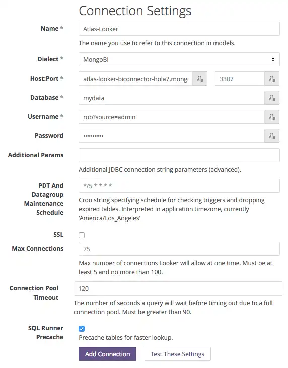 Captura de tela do modal Configurações de conexão do Looker