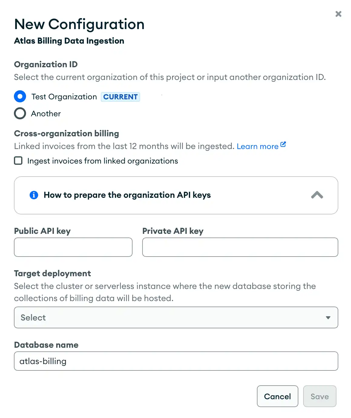 Caixa de configuração para a ingestão de faturamento do Atlas.