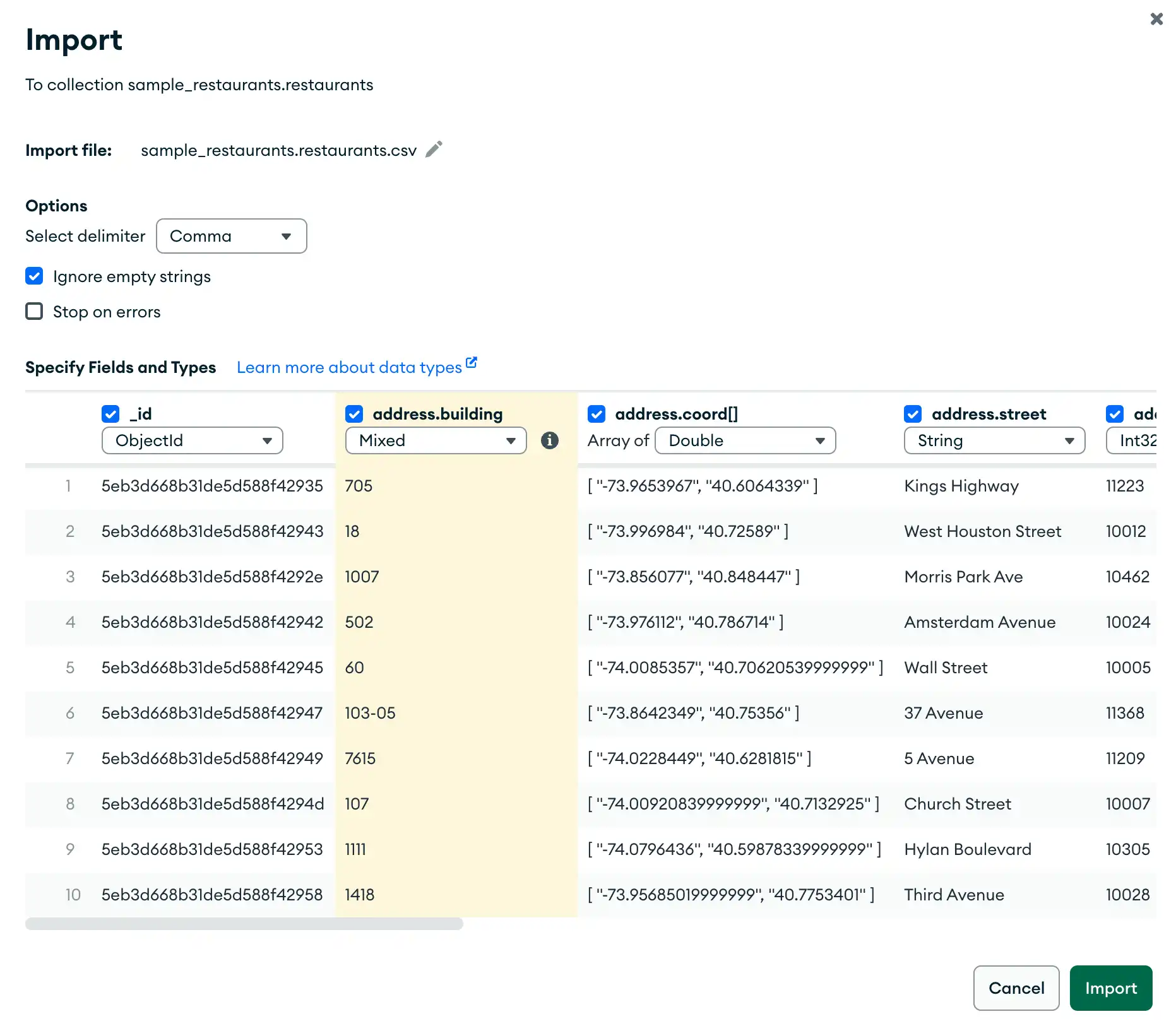 Importação de imagem do MongoDB Compass