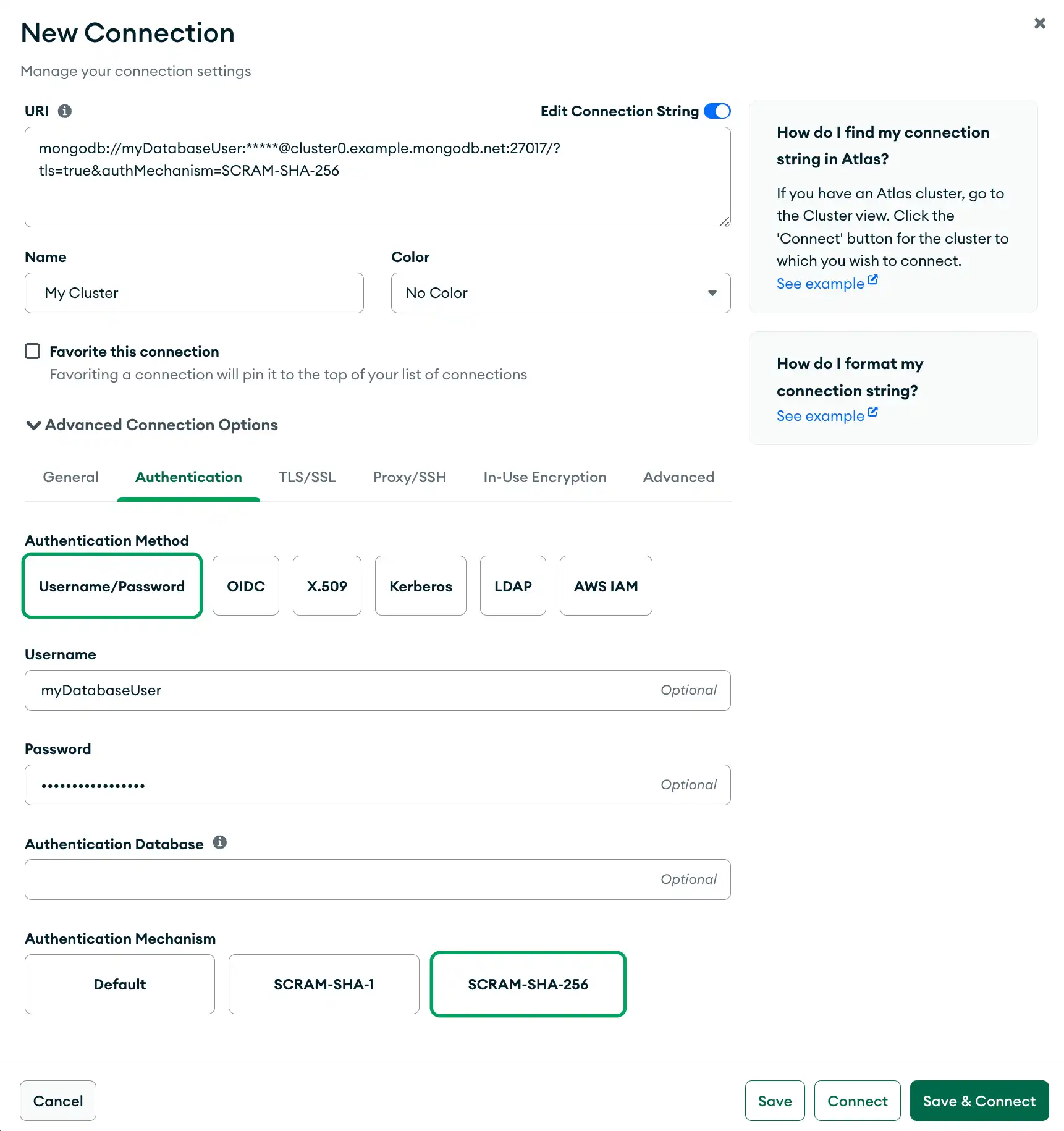 Captura de tela do Compass configurado para se conectar a um exemplo de Atlas cluster