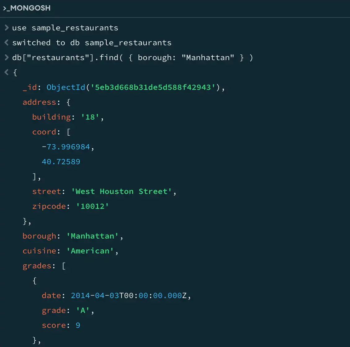 Imagem do shell embutido do MongoDB Compass