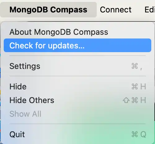 Verifique a localização das atualizações no menu do sistema do MongoDB Compass